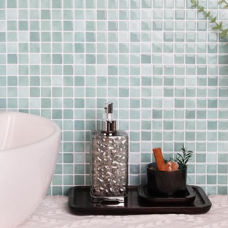 Lot de 10 autocollants muraux en vinyle mosaïque 3D imperméables à coller sur mur de cuisine, salle de bain, 25,4 x 25,4 x 25,4 cm (bleu mélangé) (1/5)
