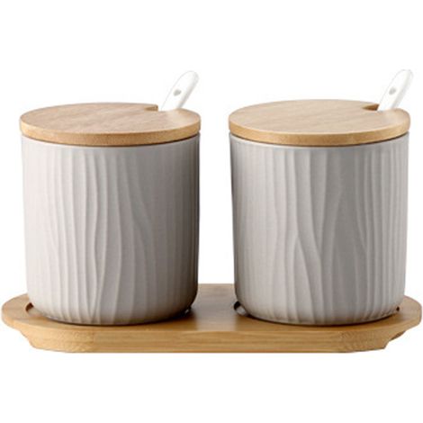 Ensemble De 2 Pots À Épices En Céramique Avec Couvercle En Bambou Et Cuillère Pour Sucre Sel Thé Cuisine 300ml (1/5)