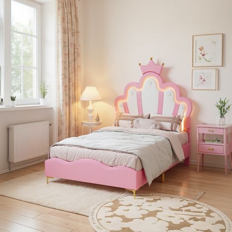 Lit simple, Lit enfant rembourré 90x200cm, lit de princesse en forme de couronne, avec LED, PU, rose