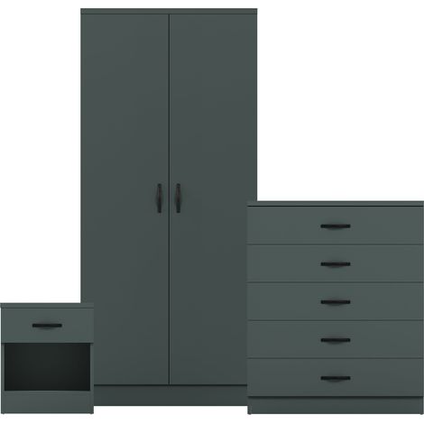 Riano 3 Piece Bedroom Set (1 Drawer Bedside Chest, 5 Drawer Chest, 2 Door Wardrobe), Green (1/3)