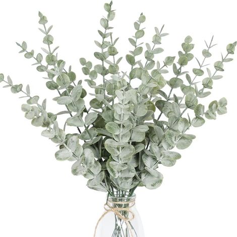 12 tiges d'eucalyptus — Branches de feuilles d'eucalyptus artificielles (Texture gris-vert réaliste) (1/5)