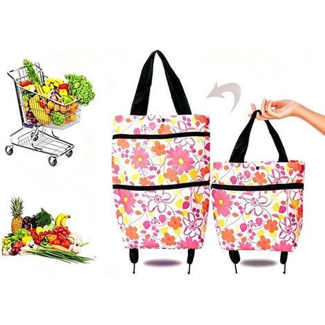 Chariot de courses pliable - Rose - Chariot/sac bandoulière 3 en 1 à roulettes - Grande capacité, robuste et durable, léger et portable (1/5)