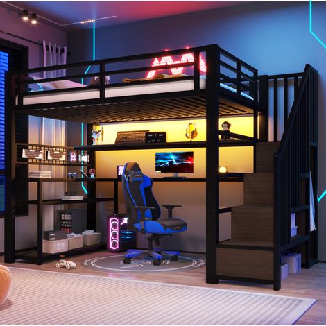Cama alta gamer con escritorio, armario y almacenaje, 251x95x170 cm, LED RGB, MDF y metal, negro (1/5)