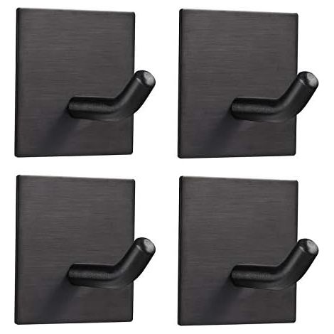 Lot de 4 crochets muraux autocollants noirs (45 x 45 mm) porte-serviettes en acier inoxydable 3 m, cuisine, salon, salle de bain, crochet pour serviettes de bureau, (1/5)