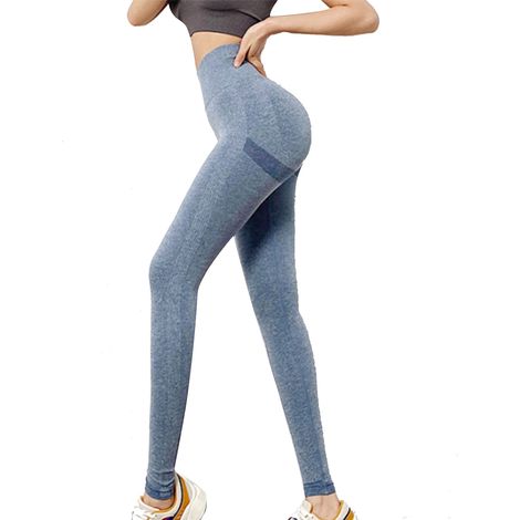 Legging sport femme taille haute gainant ventre plat fessier galbant couture invisible running fitness salle bleu L (1/5)