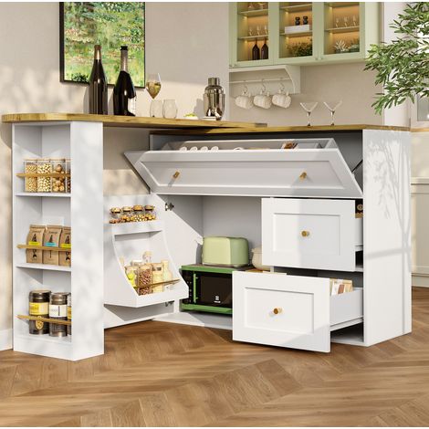 Buffet bar extensible en MDF et métal blanc 138-204x39x105 cm, rangement intégré, plateau rotatif 360° (1/5)