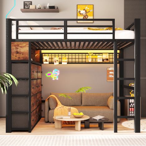 Hochbett 140x200 cm schwarz aus Metall und MDF mit 8 Schubladen, LED-Beleuchtung, Regalen und Lochwand (1/5)