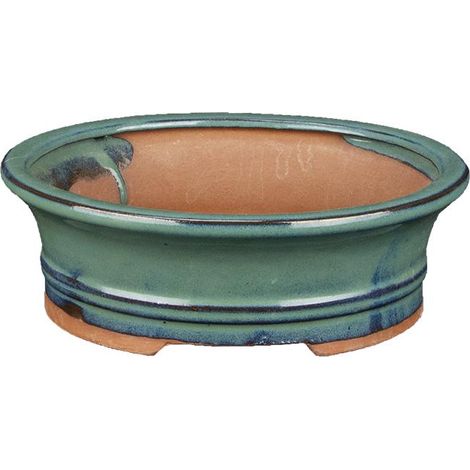 Vaso per bonsai ovale in gres smaltato verde 17,5x14,5x6 cm - YM5a