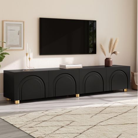 Meuble TV 180/35/40 cm noir avec 4 portes en relief et pieds en métal (1/5)