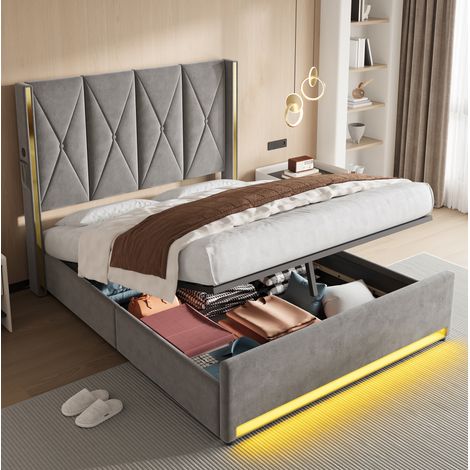 DESVIAE Lit coffre en velours gris foncé avec tête de lit haute capitonnée prises USB et Type C LED et grand rangement sous le lit 160 x 200 cm (1/5)