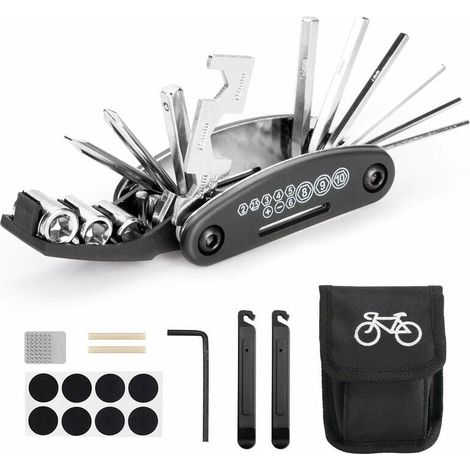 Outil multifonction de vélo, outils 16 en 1 pour sac d'outils portables de vélo avec outil à chaîne et levier de correction de pneu, patch de vélo auto-adhésif, etc. (1/4)