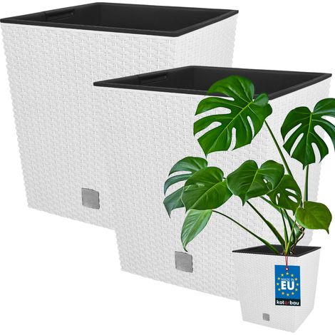 KOTARBAU® Kotarbau® Pot de Fleur Exterieur 40 x 40 cm - avec Insert Intérieur Lot de 2 - Pot Plastique Plante 64 L - Pot de Fleur Carré - Aspect Rotin - Blanc (1/5)