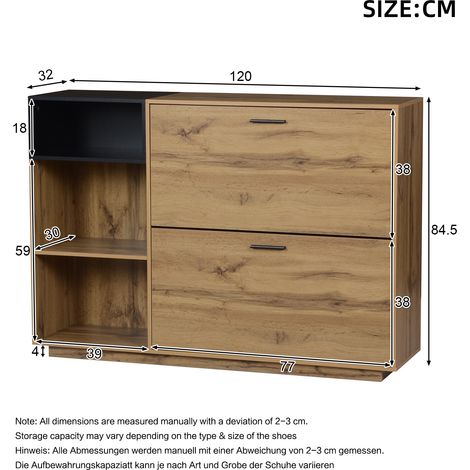 Meuble de rangement à chaussures 120x32x84,5 cm, MDF, 3 niches ouvertes et 2 casiers rabattables, double armoire, charge max 50 kg, meuble d'entrée, buffet, finition bois naturel et noir (1/5)