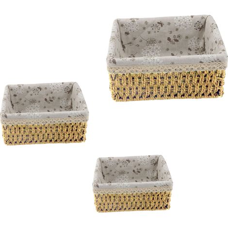 Lot de 3 paniers de rangement tressés, rectangulaires et polyvalents, pour collations, petits objets et produits cosmétiques. Doublure florale. (1/4)