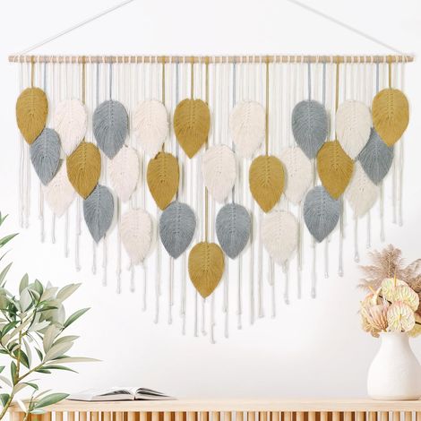 Macramé Grande Tapisserie Tissée Tenture Murale Boho Feuille Plume Décoration Pour Chambre Salon, 130 x 85 cm (Kaki, Gris) (1/5)