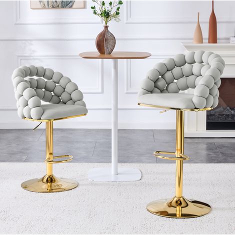 Lot de 2 tabourets de bar en velours gris clair, hauteur réglable 65-112 cm, structure métal dorée,45×52×112cm (1/5)