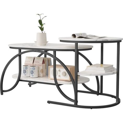 Table Basse - Marbre Blanc - Double Étage - Pieds Noir - 80x46cm ou Ø52cm