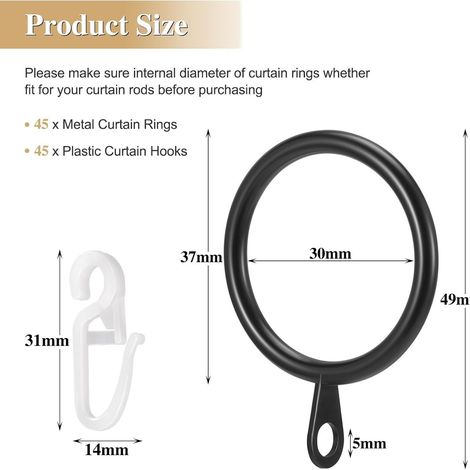 45 anneaux de rideaux en métal et 45 crochets, anneaux de tringle à rideaux d'un diamètre intérieur de 30 mm, anneaux de suspension noirs. (1/5)
