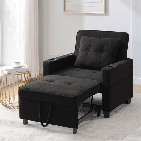 Sofá cama 3 en 1 convertible de 1 plaza, sillón reclinable con portavasos y USB, negro (1/5)