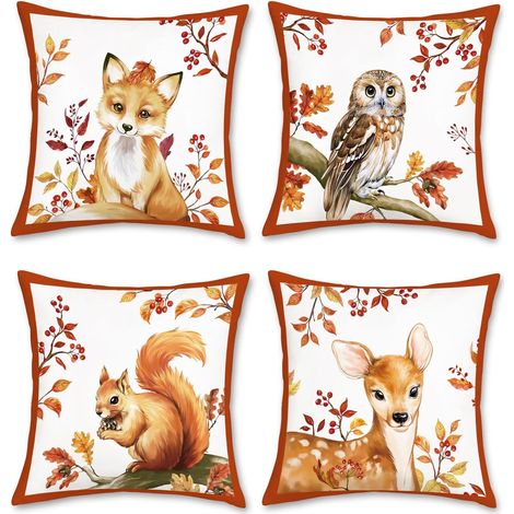 Fundas de cojín decorativas con motivos de animales otoñales de 45 x 45 cm (18 x 18 pulgadas): zorro, ciervo, ardilla, búho y hojas (juego de 4). (1/4)