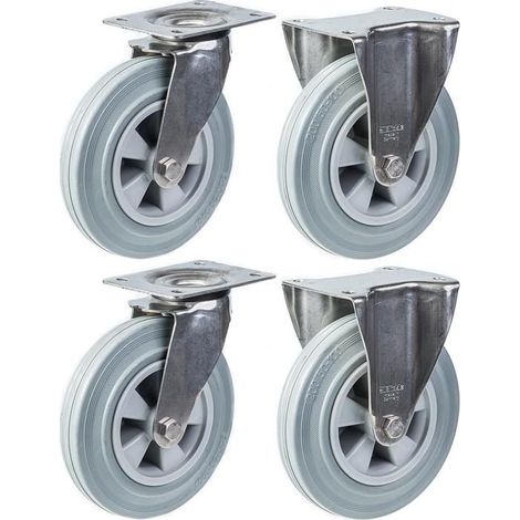 Wheels - 200 mm - Stainless steel - Grey rubber - Set of 4