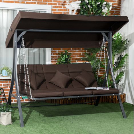 Sillón columpio jardín 3 plazas con toldo marrón OKMYHOME (1/3)