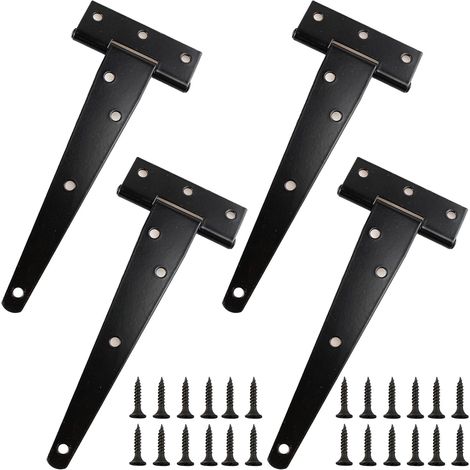 Un jeu de 4 charnières plates noires en forme de T de 200 mm, invisibles, adaptées aux portes extérieures, avec 28 vis. (1/4)