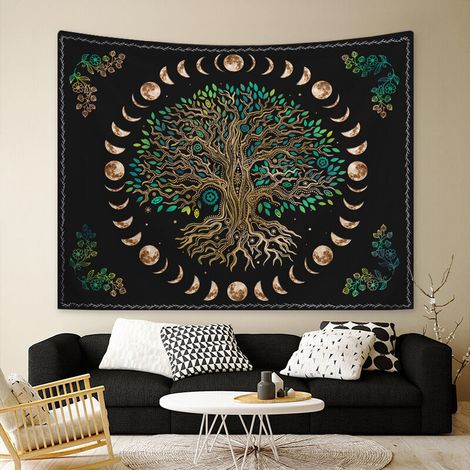 Tapisserie Arbre de Vie 130 x 150 cm, Décoration Naturelle, Couvre-lit, Jeté de Lit pour Maison, Salon, Chambre, Dortoir, Décoration (D)