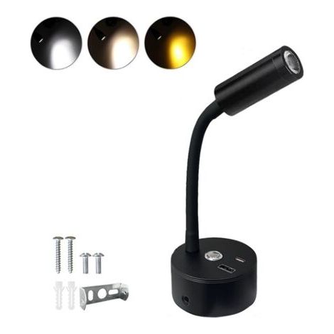 Pair Lot de 2 lampes de lecture LED, 12 V, à intensité variable par simple pression, 3 000 K à 6 000 K, avec ports USB A et C pour l'éclairage intérieur des bateaux et caravanes, noir (1/5)