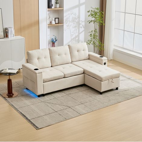 Canapé-lit d’angle 3 places convertible avec rangement caché, LED, ports USB-C et USB, tissu beige, CHICFURN (1/5)