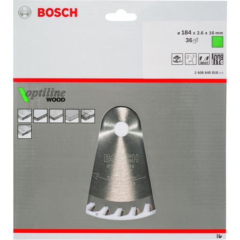 BOSCH DISCO SIERRA OPTILINE MADERA130 X 2.4 X 20/16D: 20WZ Diámetro disco x eje (mm) 184x16 Número de dientes 36