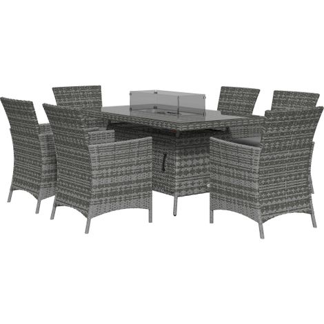 7-Piece Outdoor Rattan Furniture Set with Fire Pit Table, 6-Seat Dining Chairs and Cushions, 50000 BTU Propane Heater, Grey