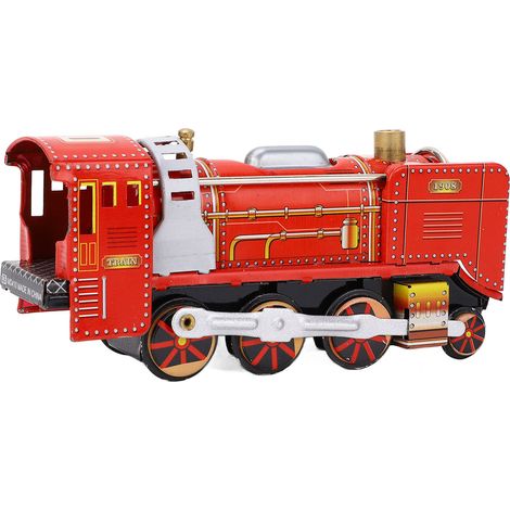 Tête de train rouge à remontoir, jouet vintage en tôle, accessoire photo pour la décoration de cafés et bars. (1/5)