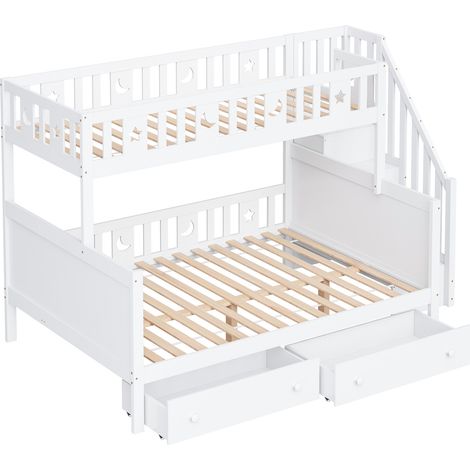 Letto a castello per bambini 90x200 140x200 con scala contenitore 2 cassetti e doghe bianco (1/5)