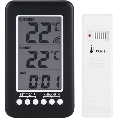 Digitales LCD-Thermometer mit Uhr, kabelloses Temperaturmessgerät, kabelloser Sender, Innen- und Außenbereich (1/5)