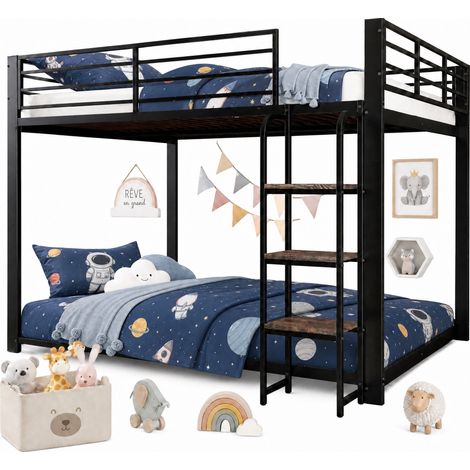 Lit superposé mezzanine métal 140x200cm, literie double avec étagère bois, solide pour ado et enfant, noir (1/5)