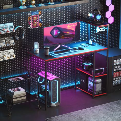 Bureau gaming en fibre de carbone avec éclairage LED, 110 x 50 cm, prises électriques, étagères et télécommande, noir (1/5)