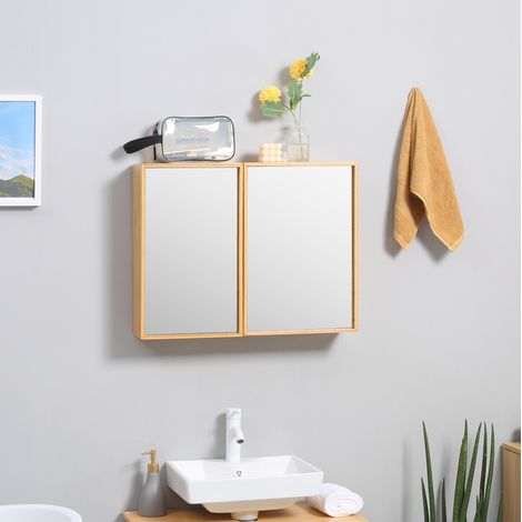 Meuble de salle de bain miroir à double porte, 3 étagères intérieures, bambou naturel HAVRYA (1/5)