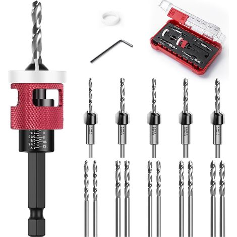 15 x Wood Drill Bit with Depth Stopper, Countersink Head Drill Bit for Routers with 1/4 Inch Hex Shank, HSS-M2, Precise Bore, for Dois Work – 0.1/0.1/0.157/0.2/0.6 cm (1/5)