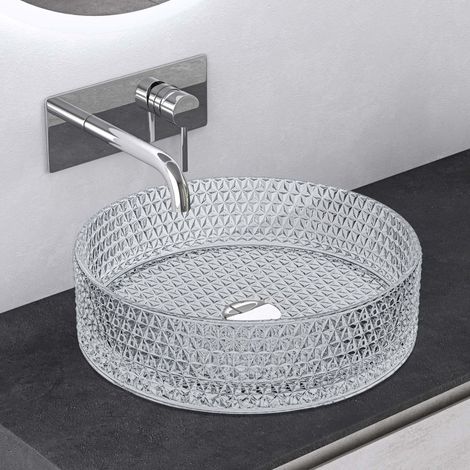 Mai & Mai Lavabo da Appoggio 39x39x12cm, Lavandino Bagno in Vetro Temperato Rotondo Minerva07, Trasparente
