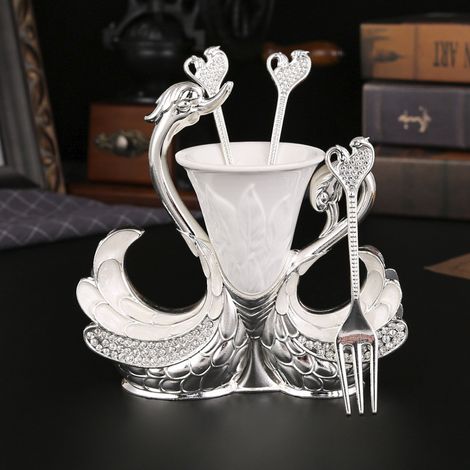 (Blanc argenté + 6 fourchettes) Fourchette à fruits, fourchette à gâteau de lune, cuillère à dessert, rangement pour couverts de bureau (1/5)