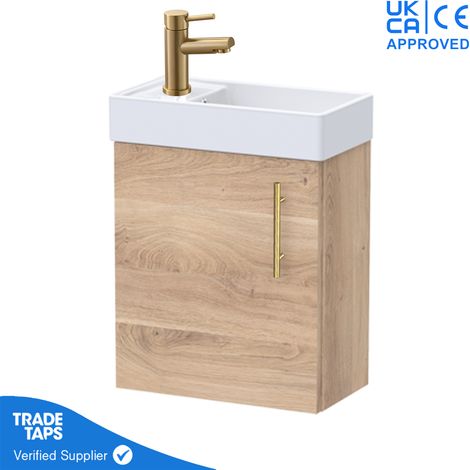 Bleached Oak Gloss Wall Hung Vanity Unit 400mm with Brushed Brass Tap, Waste & Handle (1/5)