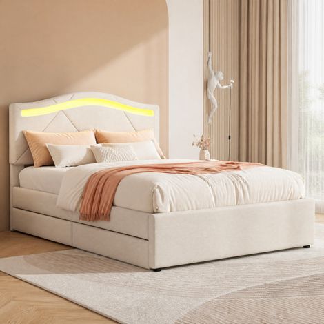 MEUBLIV Letto 90x200 cm beige – LED, 2 cassetti e testiera regolabile, senza materasso (1/5)