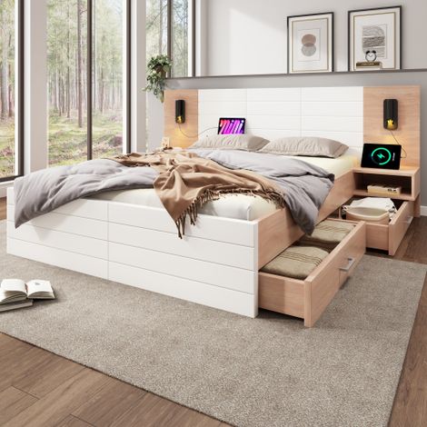 Doppelbett Holzbett Bettanlage mit 2 Schubladen,Modernes Bett inkl. Bettgestell &Lattenrost