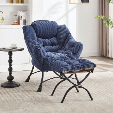 Fauteuil lounge bleu marine avec repose-pieds, accoudoirs et poche latérale, rembourrage PP, structure en acier (1/5)