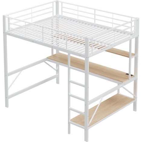 Lit mezzanine enfant 140 x 200 cm en métal blanc avec bureau, étagères, LED, prise USB et échelle (1/5)