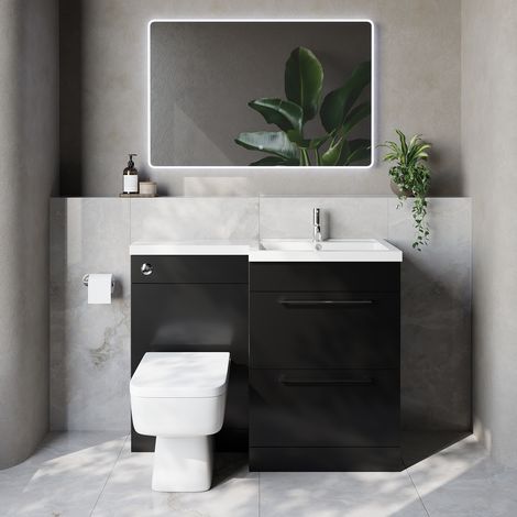 Napoli 460 Matt Black 1100mm 2 Drawer Vanity Unit Toilet Suite with Right Hand Square Lucia Basin - 1100mm - Chrome 320mm HandleWith Kingston Toilet Pan and Seat