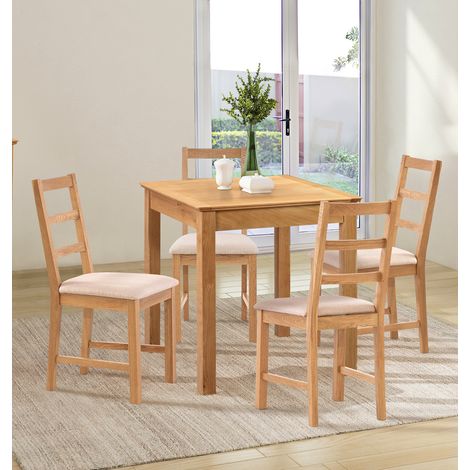 Hallowood Furniture Hereford Oak Dining Table and Chairs Set 4, Square Solid Oak Small Kitchen Table and Chairs with Ladder Back and Beige Fabric Padded Seats, Dining Room Sets for Home and Café (1/5)