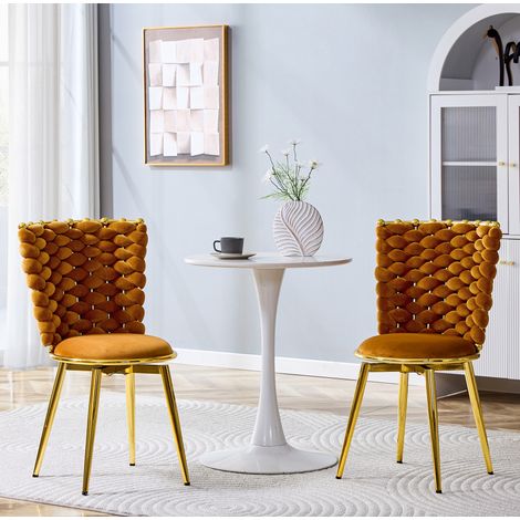 Lot de 2 chaises de salle à manger en velours orange, dossier tressé et pieds dorés (1/5)