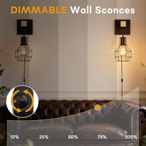 2 appliques murales avec prise - Style industriel - Design campagnard noir - Avec variateur et cordon - Pour chambre et salon (1/4)